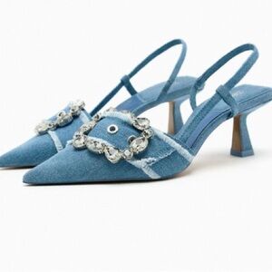 Zara Denim Rhinestone Heels